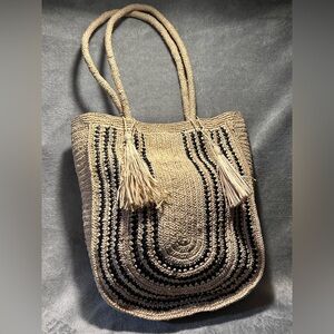 BTB Los Angeles Striped Raffia Woven Straw Tote w/ Tassel Charms